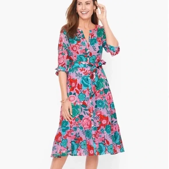 Talbots Belted Shirtdress - Sketched Blooms Women’s Size 6 - Picture 1 of 4